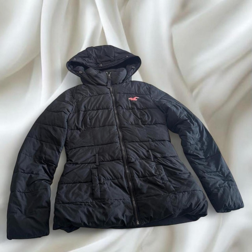 Y2K vintage black Hollister puffer jacket with‎ pink bird logo
